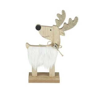 Image of White Fur Wooden Reindeer Decoration
