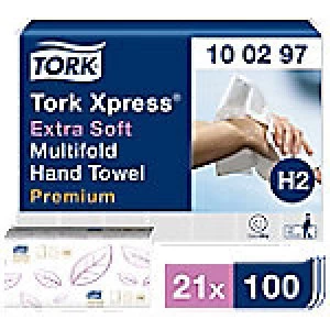 image of Tork Folded Hand Towels H2 Xpress Premium 2 Ply M-fold White 21 Pieces of 100 Sheets