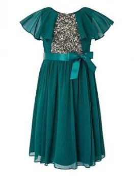 Monsoon Girls Sustainable Cape Sequin Dress - Teal, Size 11 Years, Women