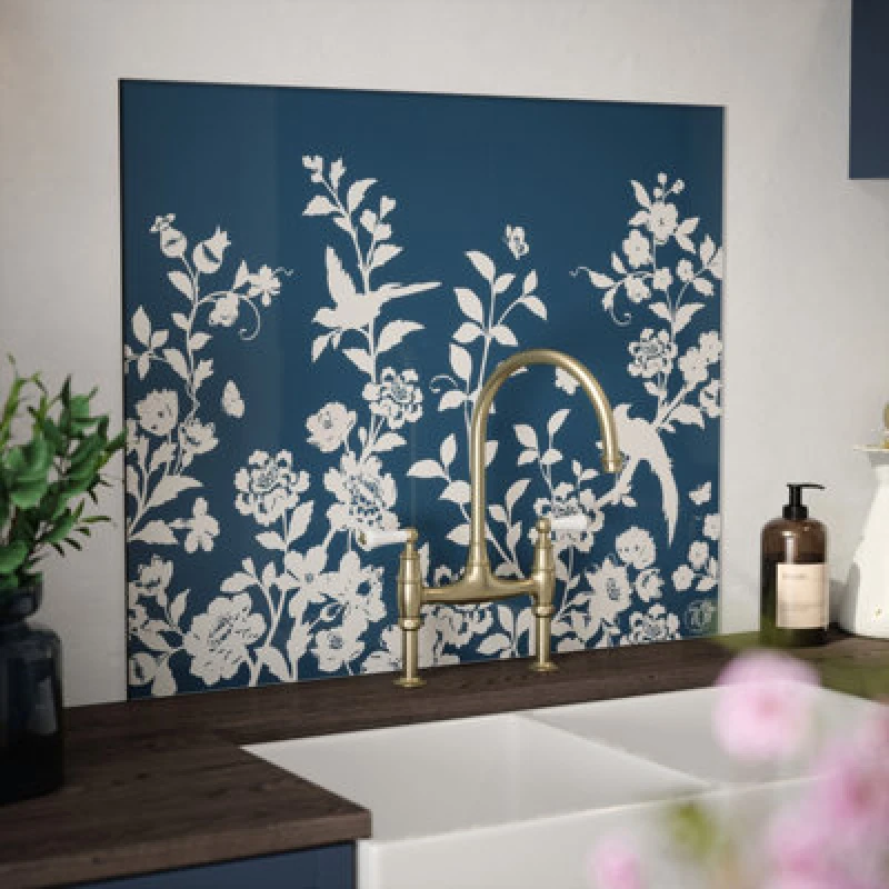 Image of Laura Ashley Oriental Garden Midnight Seaspray Floral Print Glass Splashback, (H)750mm (W)900mm (T)6mm