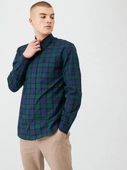 Image of Fred Perry Button Through Tartan Shirt - Navy/Green, Tartan Green, Size 2XL, Men