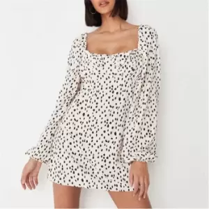 image of Missguided Dalmatian Print Balloon Sleeve Milkmaid Mini Dress - Beige