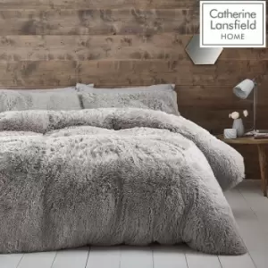 image of Cuddly Deep Pile Shaggy Faux Fur Fleece Duvet Cover Set, Silver, Double - Catherine Lansfield