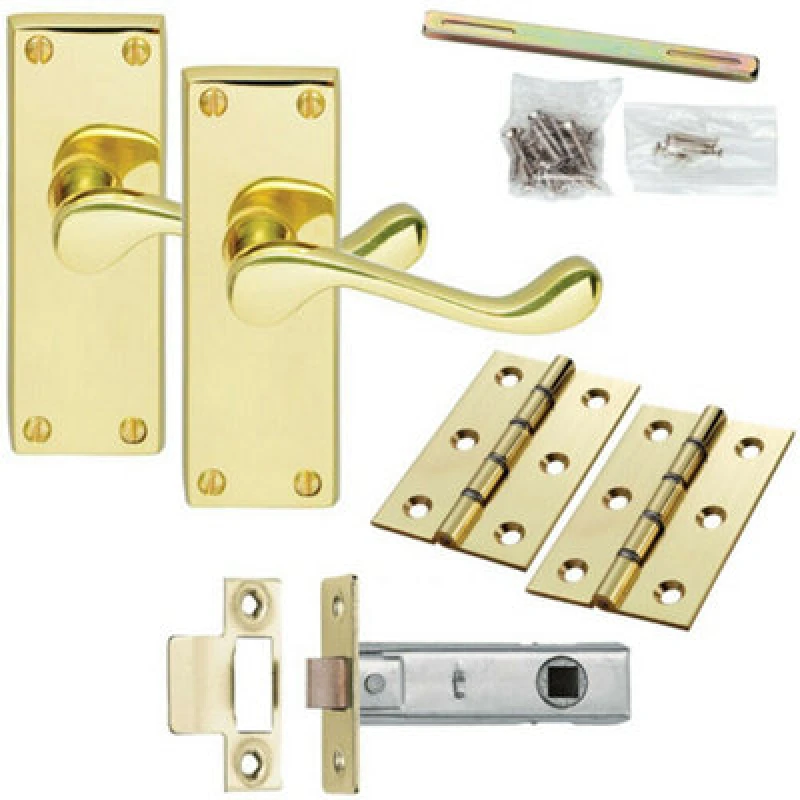 Image of Loops Door Handle & Latch Pack Brass Victorian Scroll Lever Turn Square Backplate Metallics