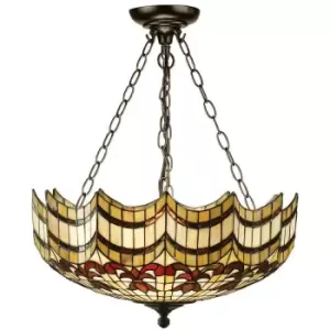 image of Interiors Vesta - 3 Light Large Inverted Ceiling Pendant Dark Bronze, Tiffany glass, E27