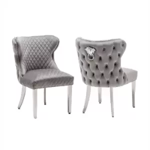 image of Neo Viviana Grey Velvet Dining Chair With Knocker Detail X2