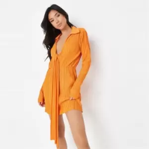 image of Missguided Drape Front Mini Dress Ls Plisse - Orange