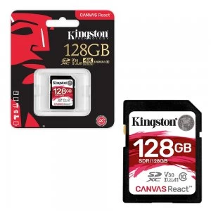 Image of Kingston SD SDXC UHS-I U3 Canvas React 100MB/s Class 10 V30 Memory Card for 4K HD - 128GB
