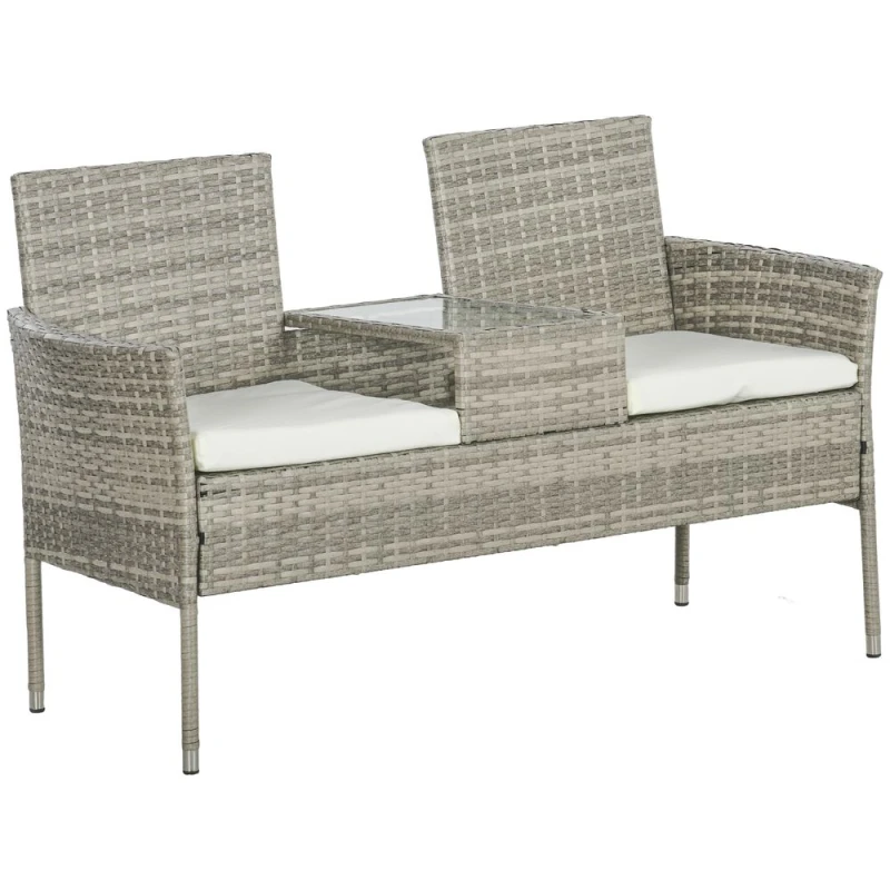 Image of Outsunny Outsunny - Rattan Garden Bench w/ Glass Tea Table, Wicker Chair w/ Cushions Grey 5056725505844