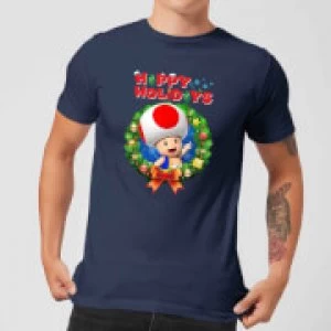 image of Nintendo Super Mario Toad Wreath Happy Holidays Navy T-Shirt - L - Navy