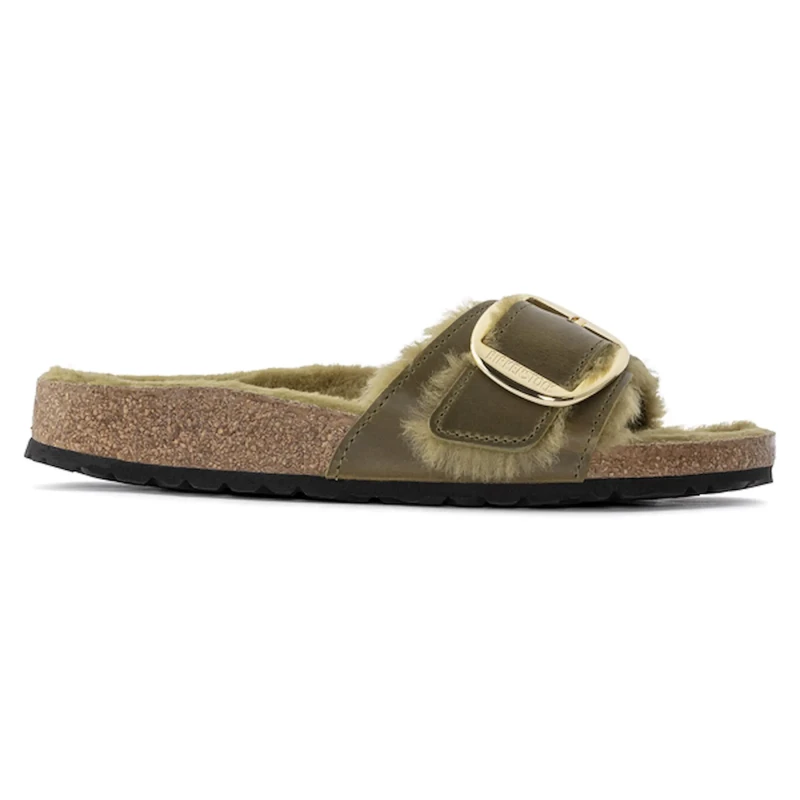 Image of Birkenstock Womens sandals Birkenstock Madrid Big Buckle Shearling Oiled Leather Vert Female 38