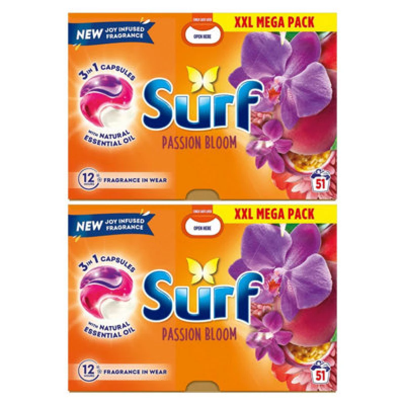 Image of Surf 3 In 1 Laundry Washing Detergent Capsules Passion Bloom, 102 Washes, 2Pk