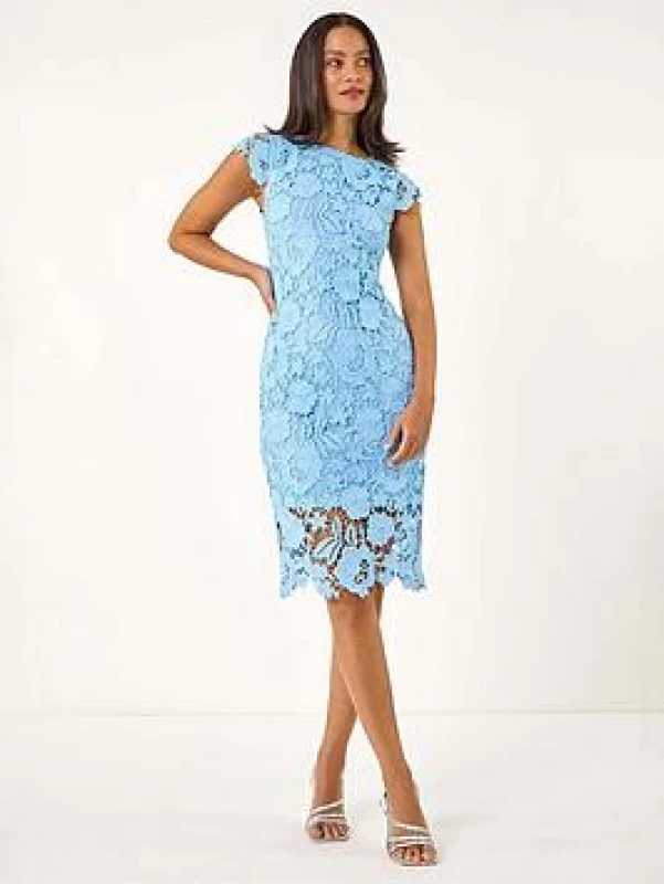 Image of Dusk Womens Floral Lace Crochet Midi Dress in Blue Size: 18 Blue Female 18