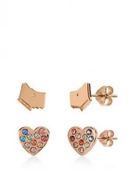 image of Radley Rose Gold Plated Sterling Silver Dog And Rainbow Crystal Heart Stud Ladies Earrings Set