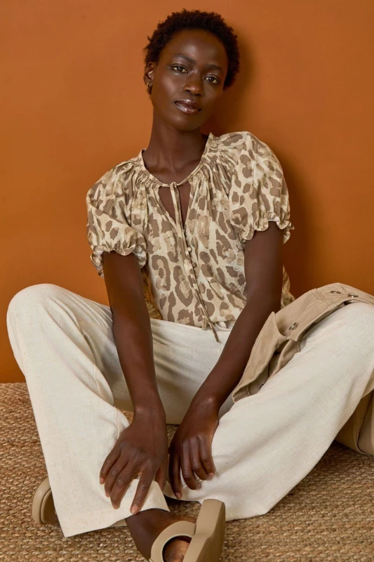 Image of Roman Womens Animal Print Tie Neck Top in Taupe Size: 20 Taupe Female 20