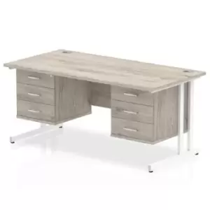 Image of Impulse 1600 Rectangle White Cant Leg Desk Grey Oak 2 x 3 Drawer Fixed Ped