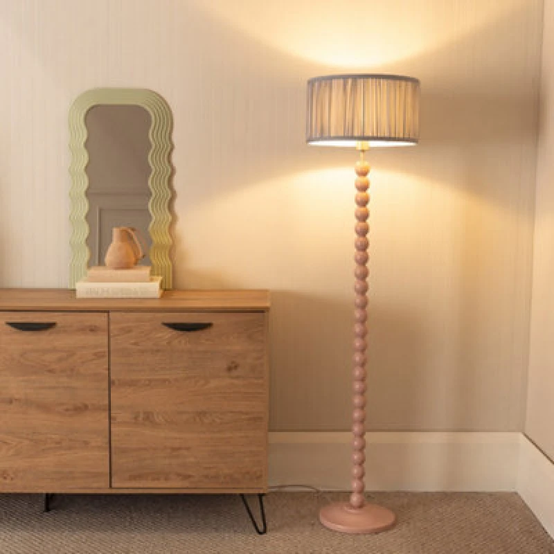 Image of ValueLights Bobbins Painted Rose Floor Lamp with Ruched Pleated Drum Lamp Shade and LED Bulb Baby Blue
