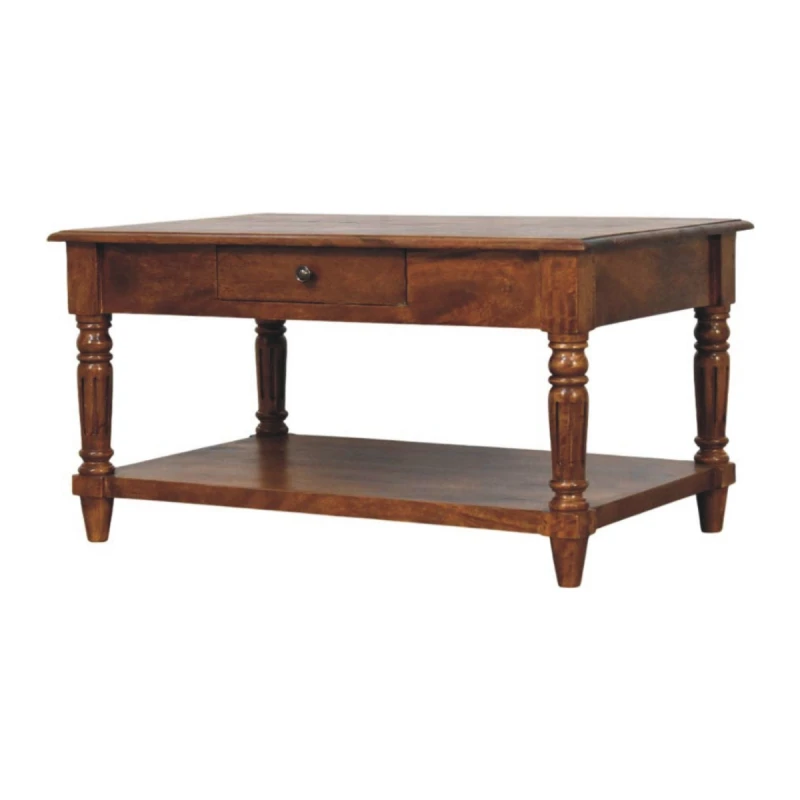 Image of Artisan Furniture Artisan Furniture Solid Wood Turned Legs Chestnut Coffee Table, 2 Drawers and 1 Shelf, Dark Brown