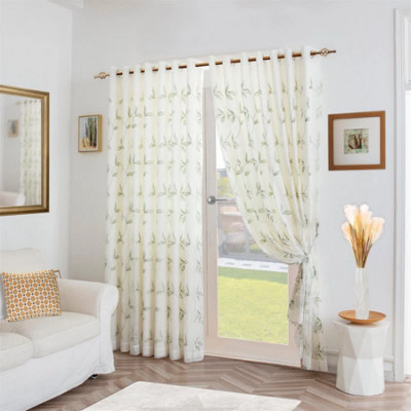 Image of Alan Symonds Leaf Embroidered Tulle Voile Curtains Ring Top - Green Green 90x90 Inch