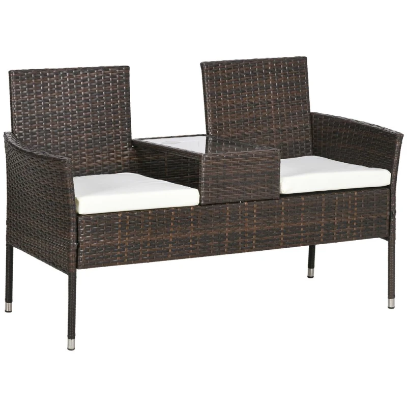 Image of Outsunny Outsunny - Rattan Garden Bench w/ Glass Tea Table, Wicker Chair w/ Cushions Brown 5056725505936