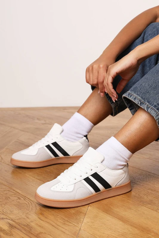 Image of Where's That From Womens 'Xia' Classic retro lace up trainer with stripes in White Size: 4 White Female 4