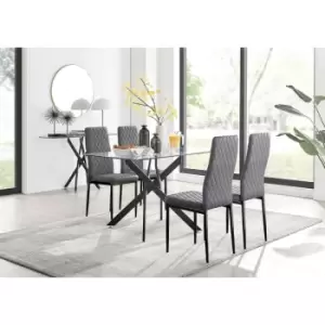 Image of Furniturebox UK - Furniturebox Leonardo 4 Black Leg Glass Dining Table and 4 Grey Milan Velvet Dining Chairs With Black Legs Diamond Stitch Modern