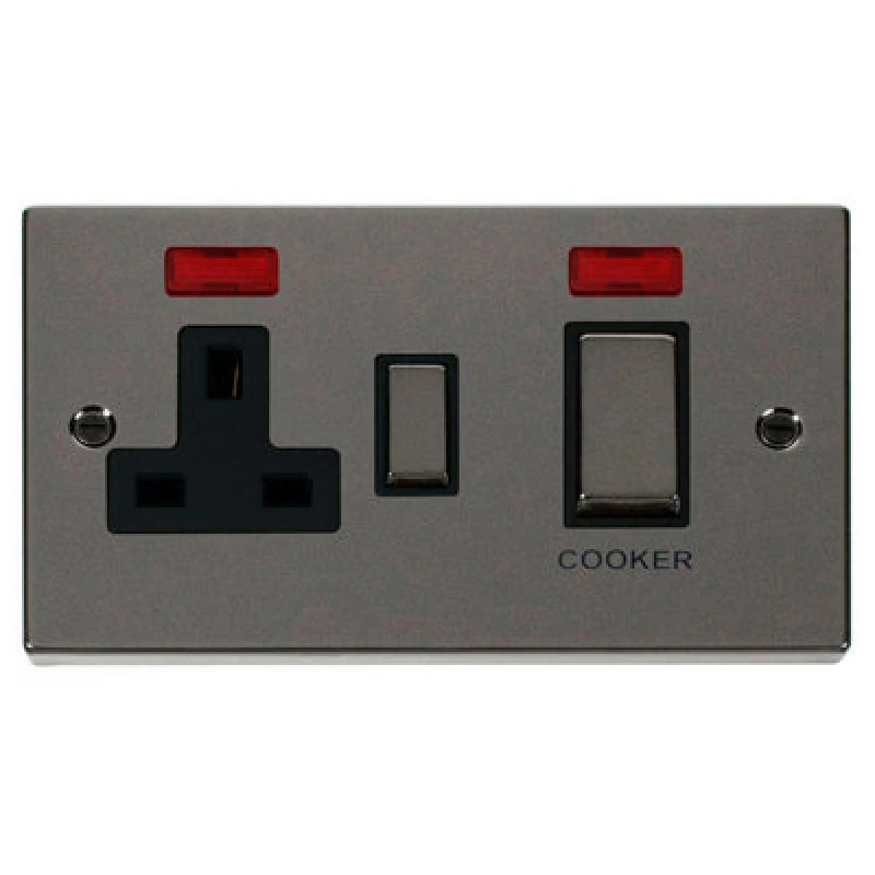 Image of SE Home Black Nickel Cooker Control Ingot 45A With 13A Switched Plug Socket & 2 Neons Black