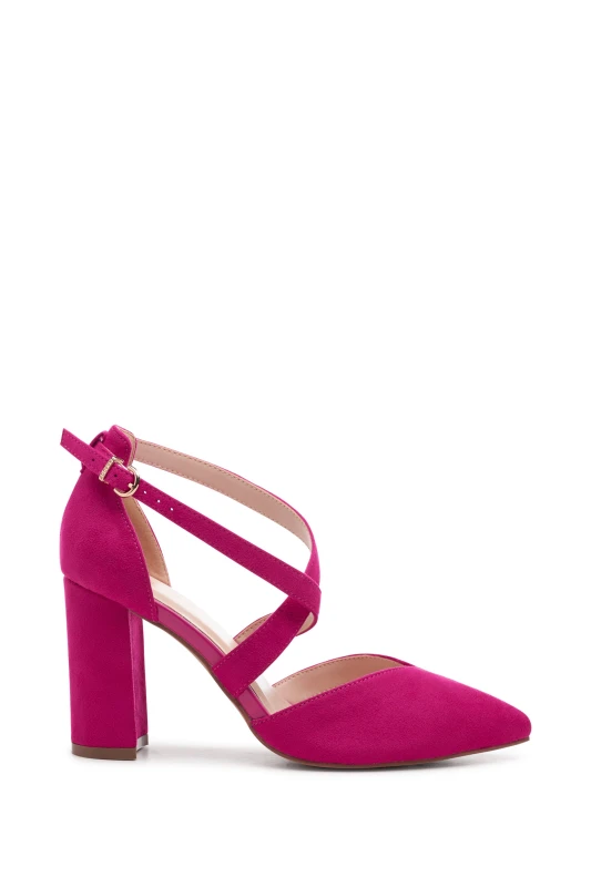 Image of Paradox London Womens Wide Fit 'Finula' Cross Strap Block Heel Court Shoes in Fuchsia Size: 8E Fuchsia Female 8E
