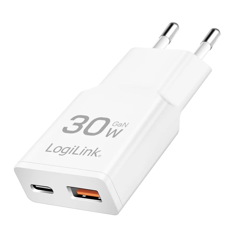 Image of LogiLink USB Wall Charger. 2port. GaN. USB-AF & USB-CF. PD 30W. sl