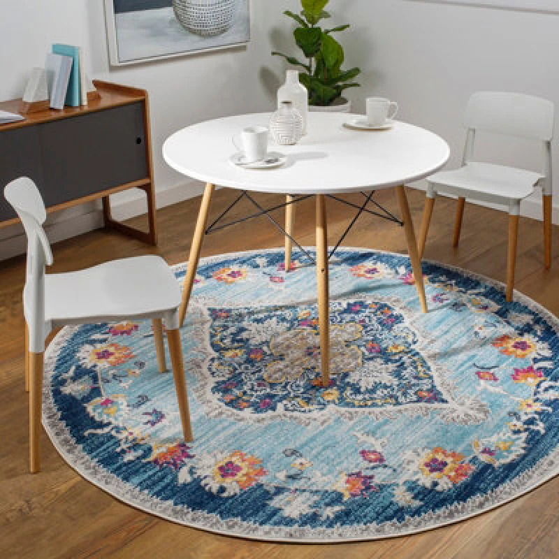 Image of Livabliss Round Vintage Oriental Boho Blue Romy Area Rug 160 X 160 Cm - Easy Care, Non Shedding, Ideal For Living Room & Bedroom