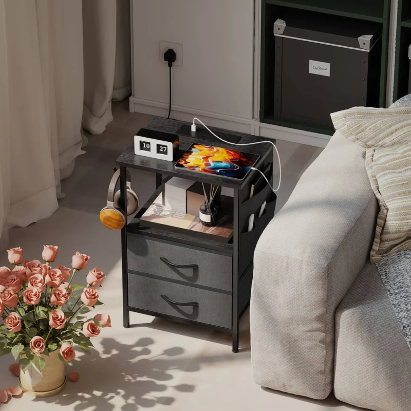 Image of HOMCOM Slim Side Table with Charging Station, Bedside Table, Black Unisex