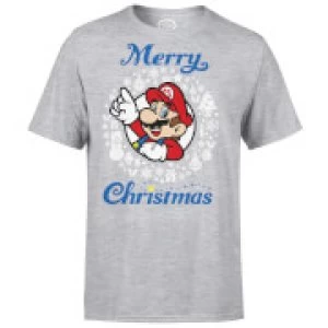 Image of Nintendo Super Mario Mario White Wreath Merry Christmas Grey T-Shirt - L