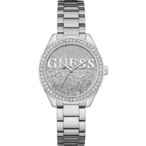 image of GUESS Ladies silver watch with silver and white glitter logo dial.