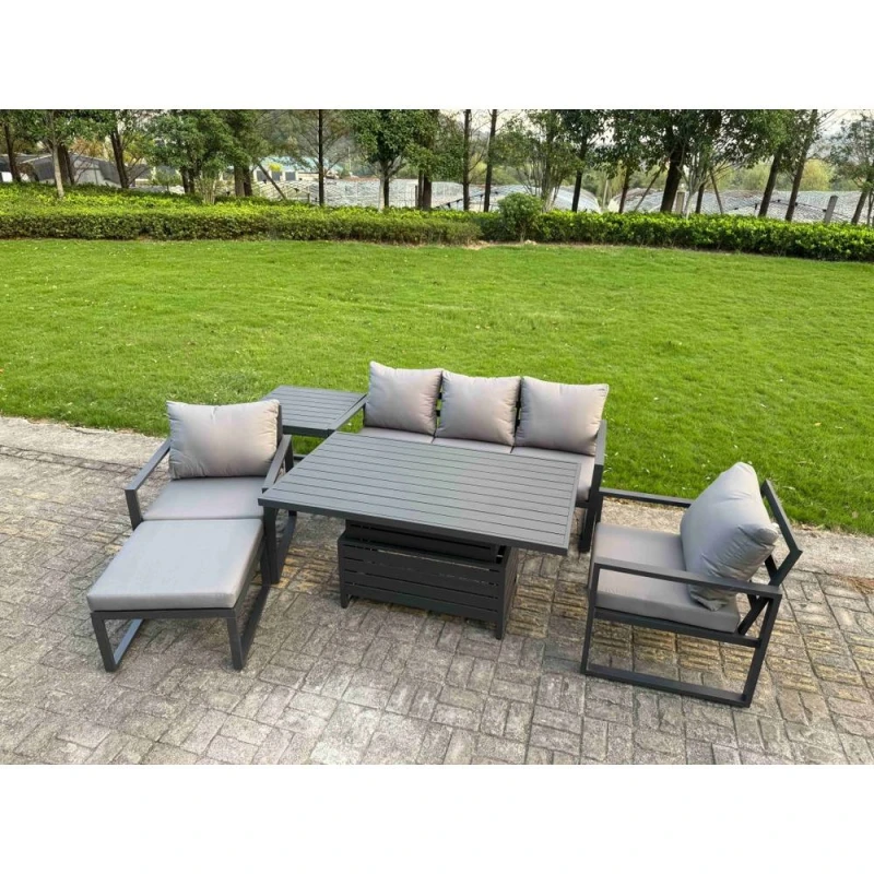 Image of Fimous Aluminum 6 Piece 6-Seater Sofa Set with Lifting Table, 2 Chairs in Dark Grey Dark Grey Unisex