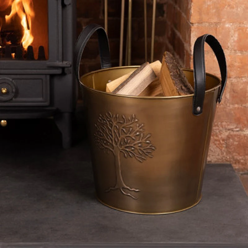 Image of Charles Bentley Mulberry Small Antique Gold Coloured Leather Handled Log Bucket 35cm Gold