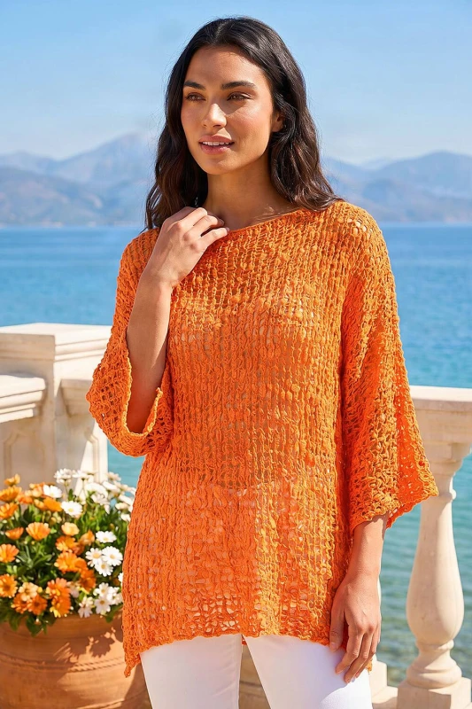 Image of Roman Womens Light Weight Open Knit Jumper in Orange Size: Large Orange Female L