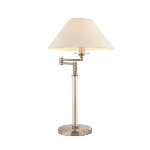 image of 1 Light Table Lamp Satin Nickel, Vintage White Faux Linen, E14