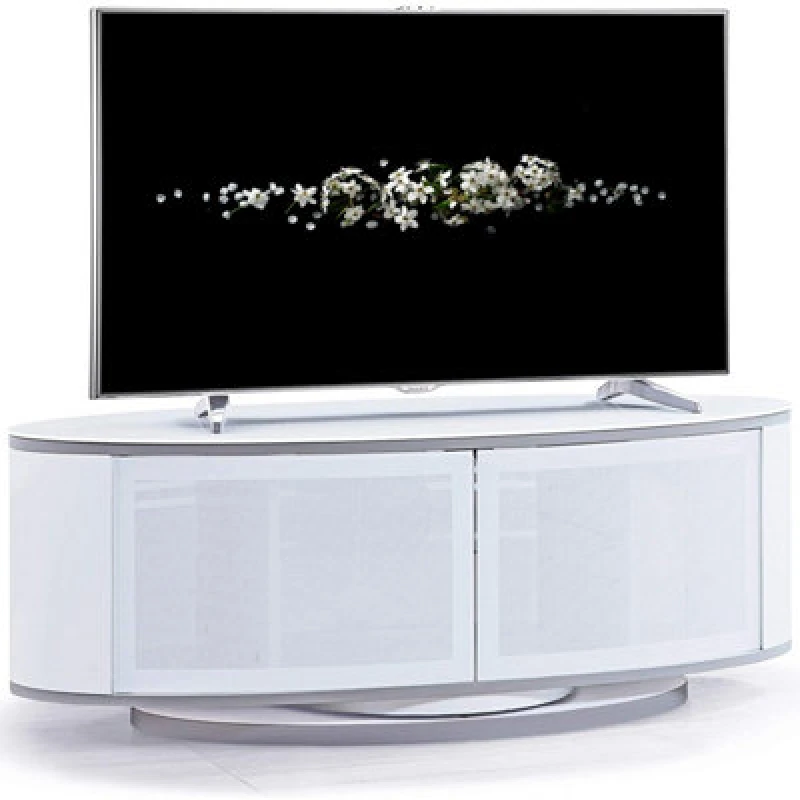 Image of Mda Designs Luna Gloss White Oval Cabinet With White Beamthru Glass Doors Suitable For Flat Screen Tvs Up To 50"