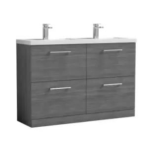 image of Nuie Arno 1200mm Floor Standing 4 Drawer Vanity & Double Polymarble Mid-Edge Basin Anthracite Woodgrain