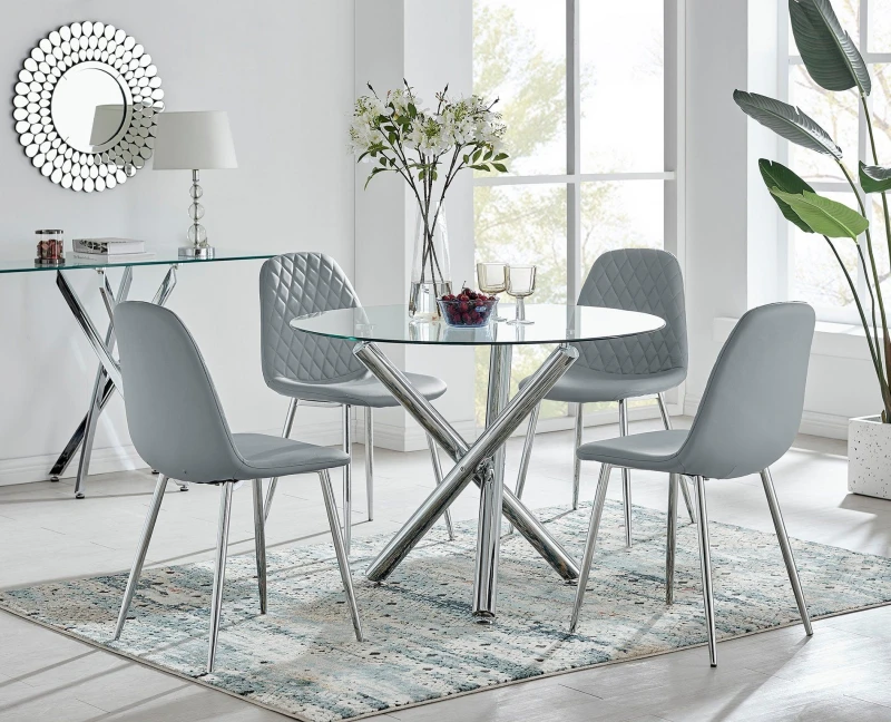 Image of FurnitureboxUK FurnitureboxUK Selina Round Glass Chrome Leg Dining Table and Corona Silver Leg Chairs in Grey Size: 2 Person Grey 2 Person Unisex 50