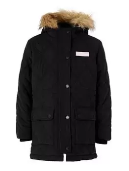 Image of Jack Wills Girls Faux Fur Collared Diamond Quilted Coat - Black, Size 9-10 Years, Women