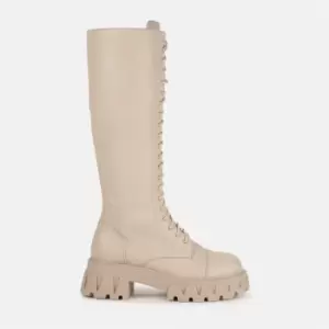 Image of Missguided Faux Leather Knee High Lace Up Boots - White