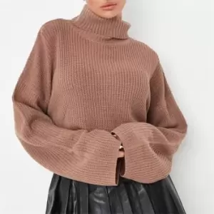 image of Missguided Roll Neck Wide Sleeve Jumper - Beige