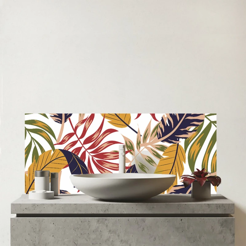 Image of Warren Reed - Designer Hawaiian Style Jungle Leaves Glass Bathroom Splashback in Brown Brown Unisex