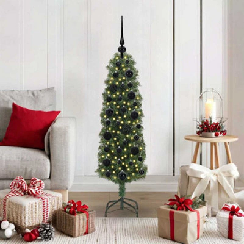 Image of vidaXL Artificial Christmas Tree with 150 LEDs, Black Balls with Stand Green 120 cm, Green 3394922