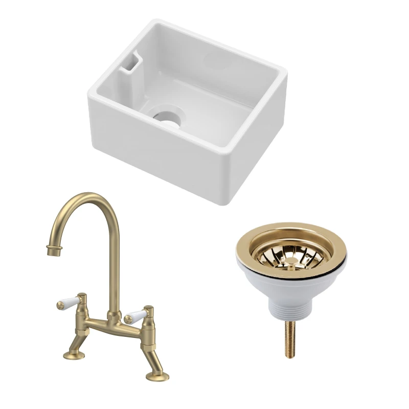 Image of Balterley Compact Single Bowl Belfast Sink, Strainer Waste & Bridge Lever Tap Bronze