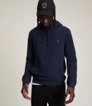 Image of AllSaints Mens Raven Pullover Hoodie, Navy Blue, Size: XS
