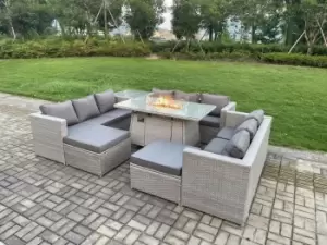 Image of Fimous 9 Seater Outdoor Light Grey Rattan Lounge Complete Sofa Set with Gas Fire Pit, Heater and 2 Big Footstool