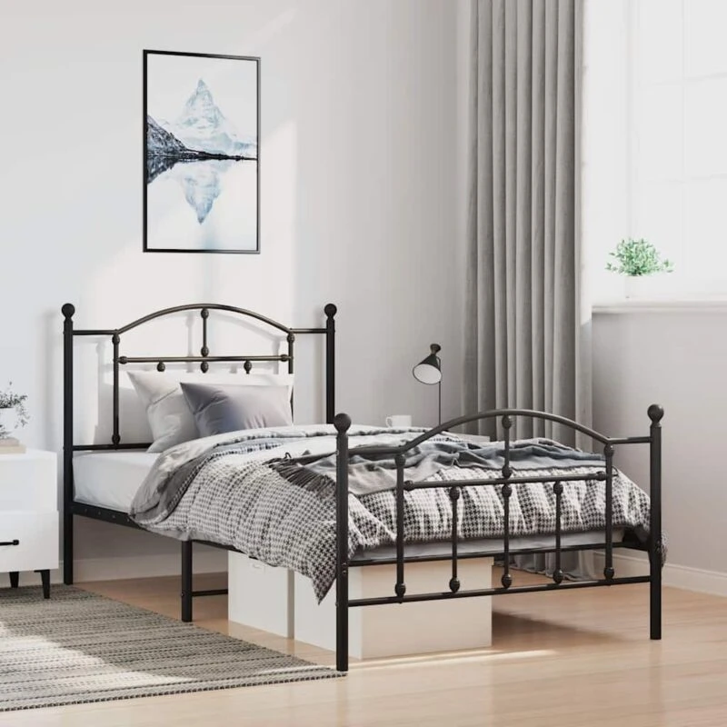 Image of Vidaxl Metal Bed Frame Without Mattress With Footboard Black 100X190 Cm, Black 353451