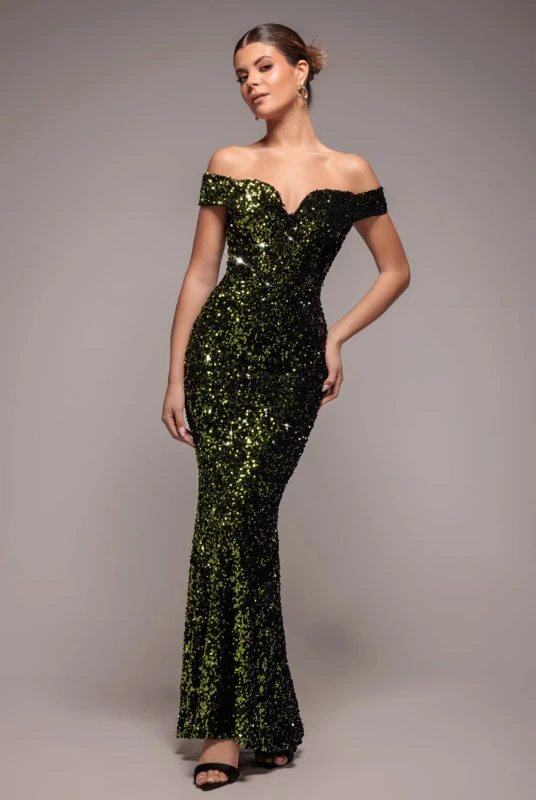 Image of Goddiva Womens Sequin Velvet Bardot Evening Maxi Dress in Olive Size: 8 Olive Female 8